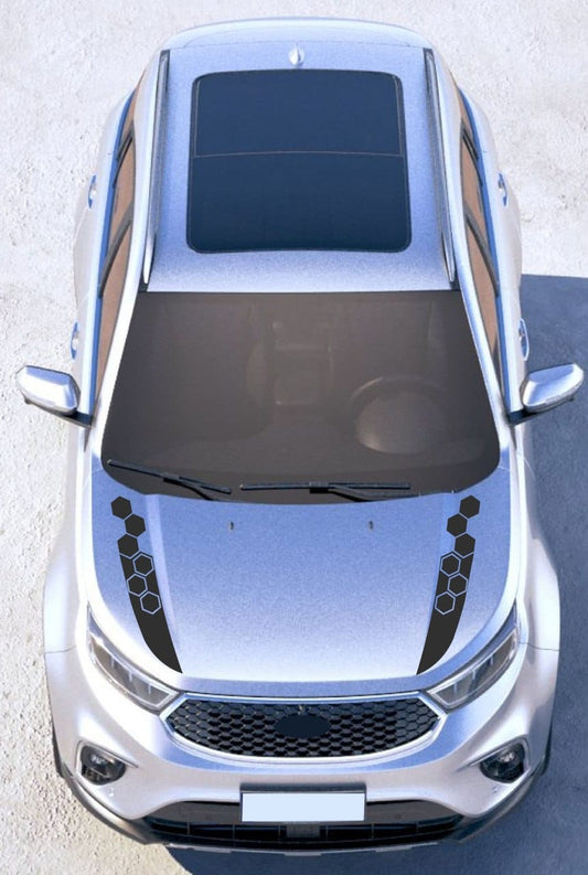 A silver SUV shown from a top-down view, with black honeycomb-patterned decal stickers applied to the hood on both sides of the windshield.