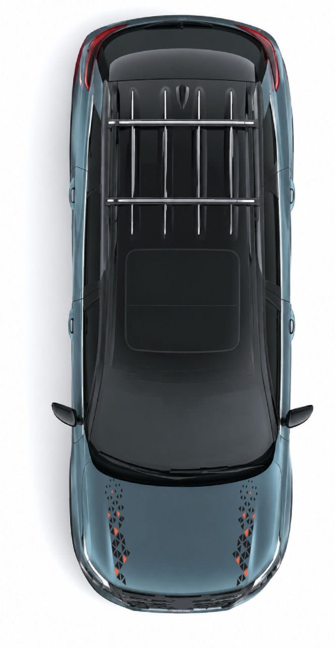 Top-down view of a metallic blue-gray SUV with a black roof and a silver roof rack, isolated on a white background.