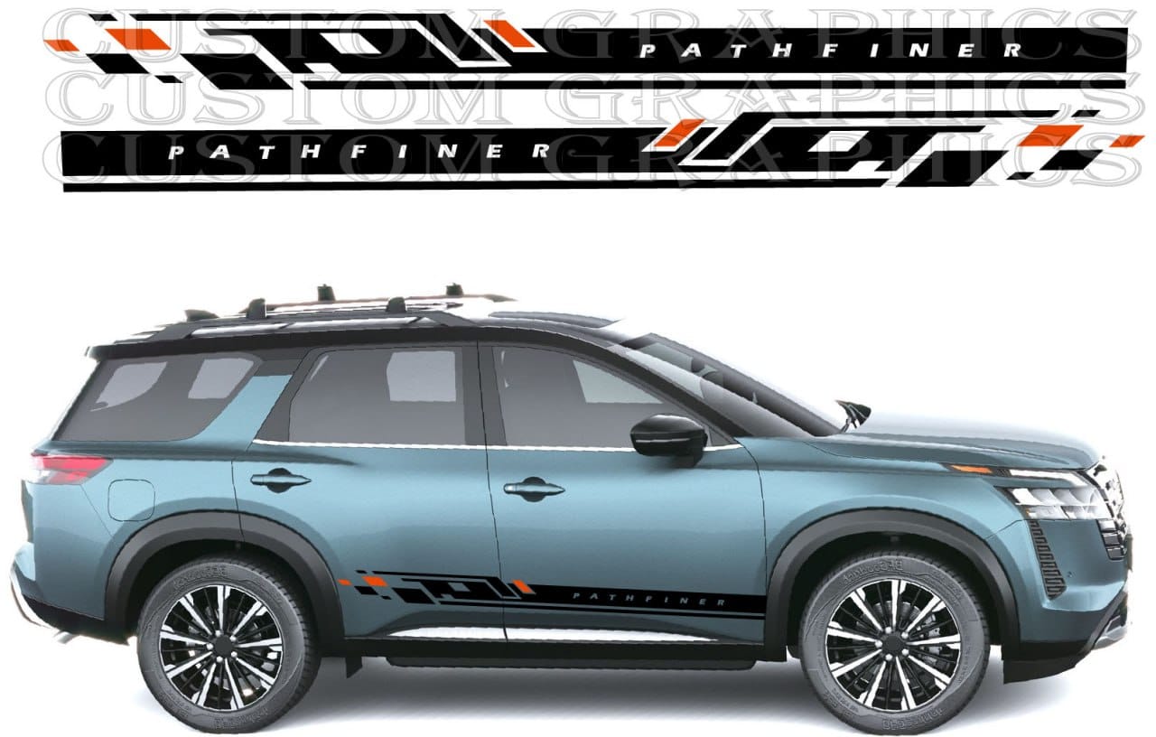 Custom vehicle graphics decals shown above a side view of a blue SUV, with the decals displayed as black, white, and orange stripe designs labeled PATHFINER.