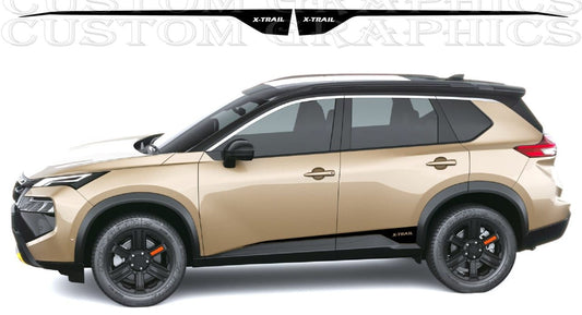 A side view of a beige and black SUV with custom black graphics decals on the roof and side, shown against a white background with a watermark at the top.