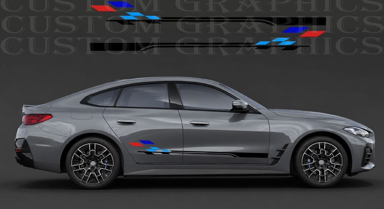 A gray BMW sedan shown in side profile on a dark studio background, with a blue, red, and black M-style side decal applied near the rear door. A faint repeated 'CUSTOM GRAPHICS' watermark is visible across the background.