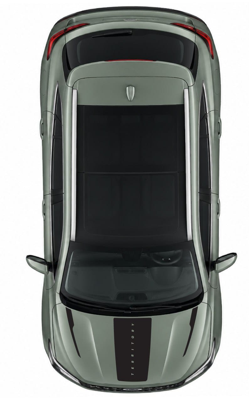 Top-down view of a sleek, modern car with a metallic gray exterior and black roof, windshield, and hood details, isolated on a white background.