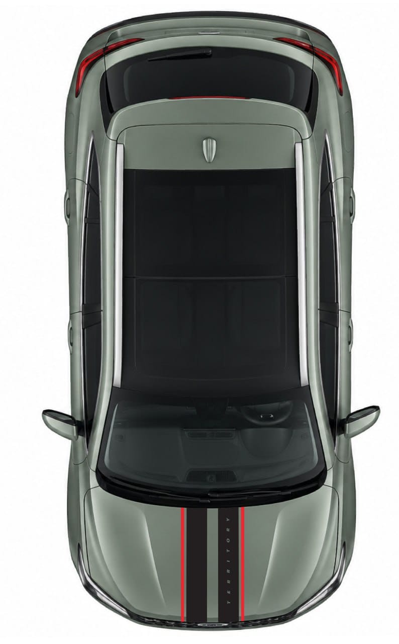 Top-down view of a metallic gray sports car with a black and red center stripe on the hood, isolated on a white background.