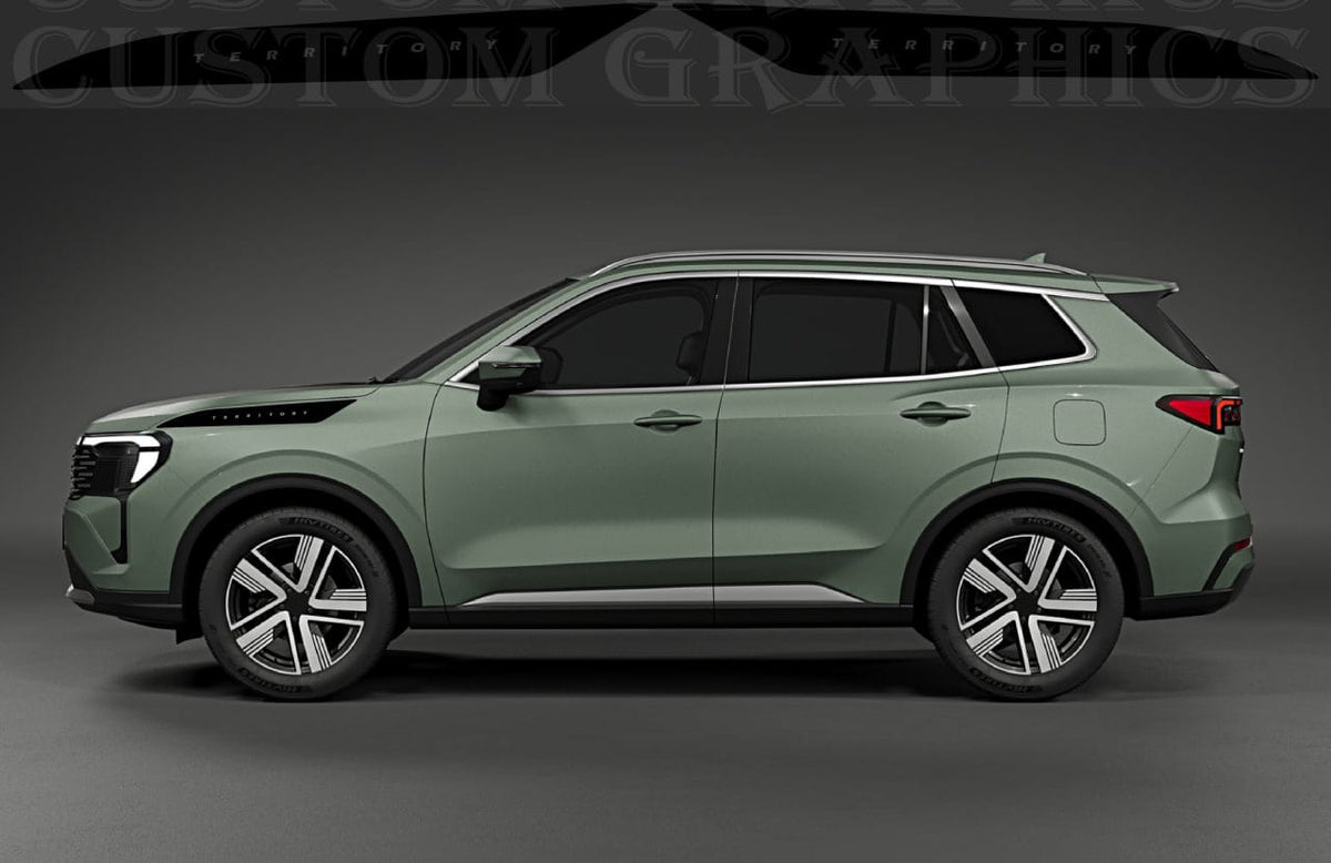 A side profile view of a sage green SUV with black trim and silver multi-spoke wheels, set against a dark gray studio background with a watermark at the top.
