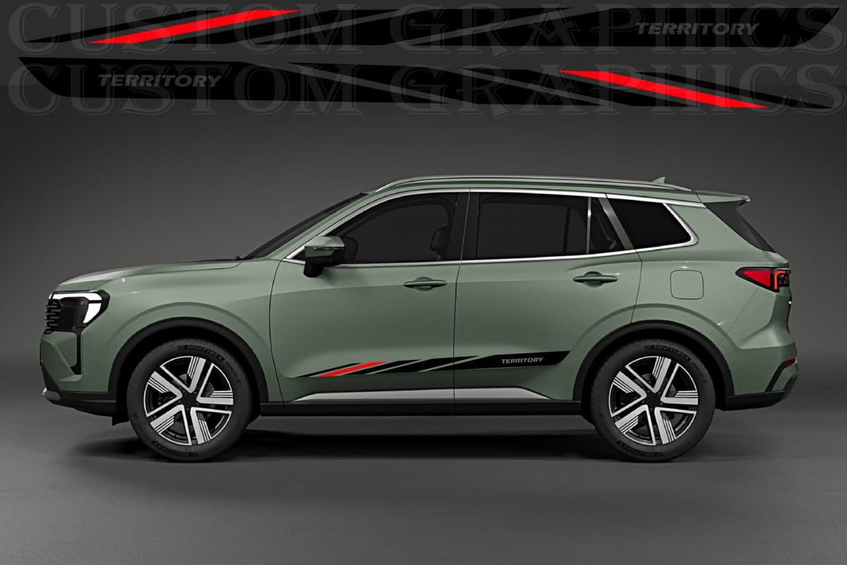 A side view of a sage green SUV with custom black and red graphic decals applied along the lower side panels, shown against a dark gray studio background with a graphic preview of the decal design at the top.