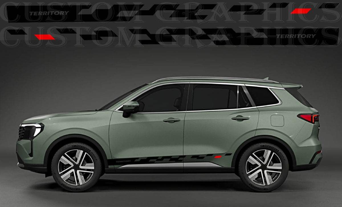 A side view of a sage green SUV with custom black and red graphic decals along the lower side, set against a dark gray studio background with a watermark.