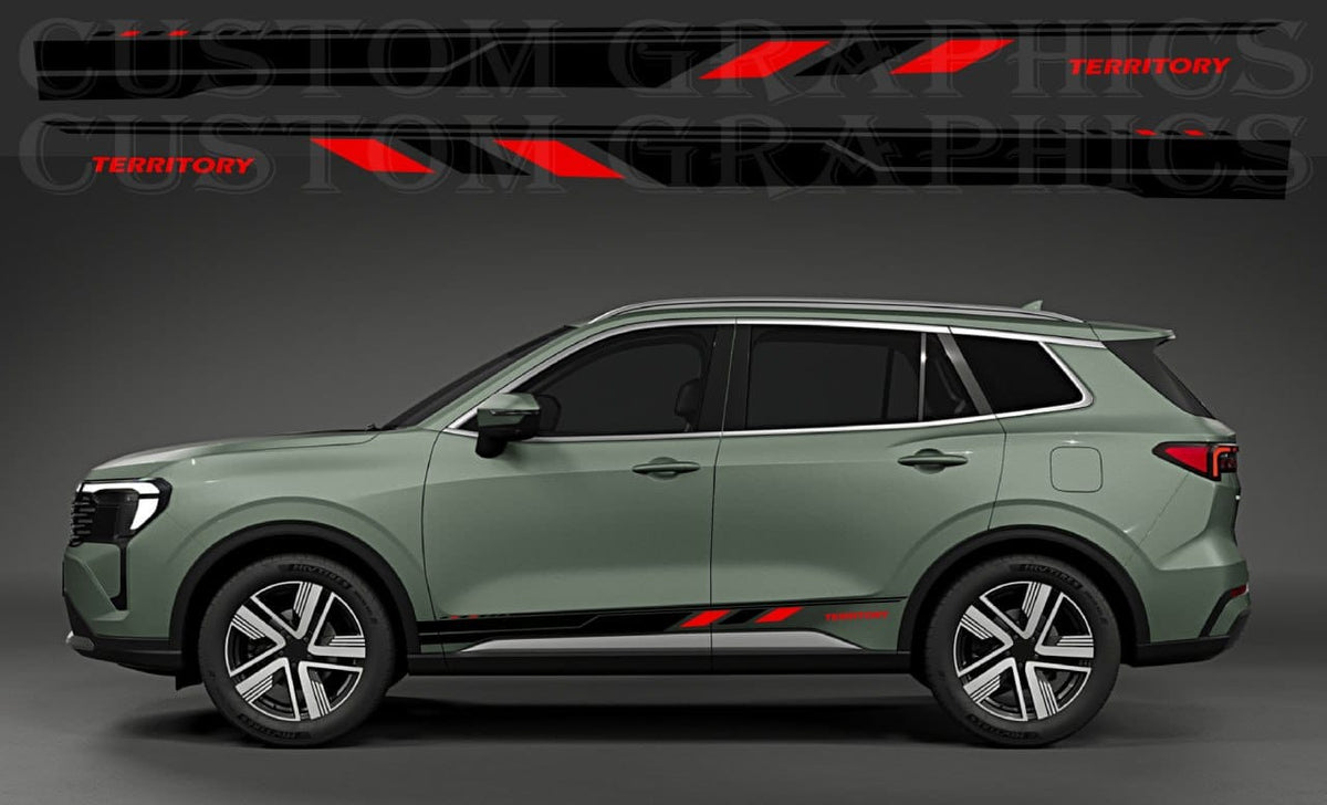 A side-view studio render of a compact SUV in a muted sage green color, shown with decorative red and black graphic decals applied along the side. The top of the image includes a larger preview of the decal design with the word TERRITORY visible.