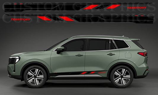 A side-view studio render of a compact SUV in a muted sage green color, shown with decorative red and black graphic decals applied along the side. The top of the image includes a larger preview of the decal design with the word TERRITORY visible.