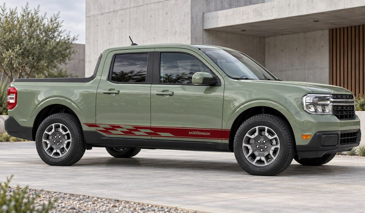 Green Ford Maverick with dark red vinyl stripe graphics along the lower doors, parked outside a building.