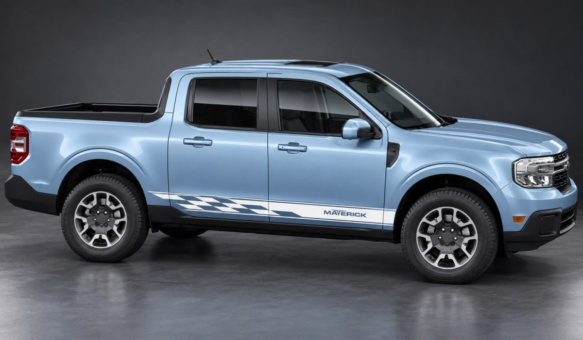 Light blue Ford Maverick with white geometric vinyl stripes along the lower doors, shown in side profile.