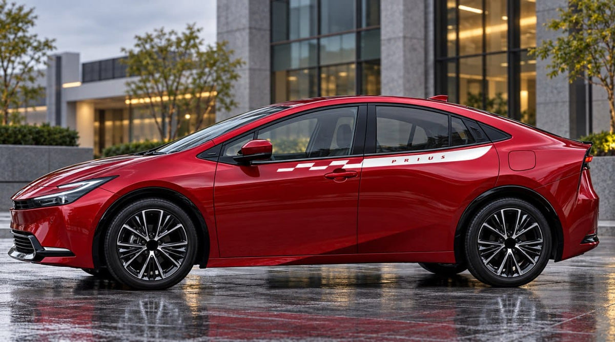 A red sedan parked outdoors on wet pavement in front of a modern building, shown from a side-rear angle. The car has dark tinted windows, black multi-spoke wheels, and a white graphic stripe running along the side.
