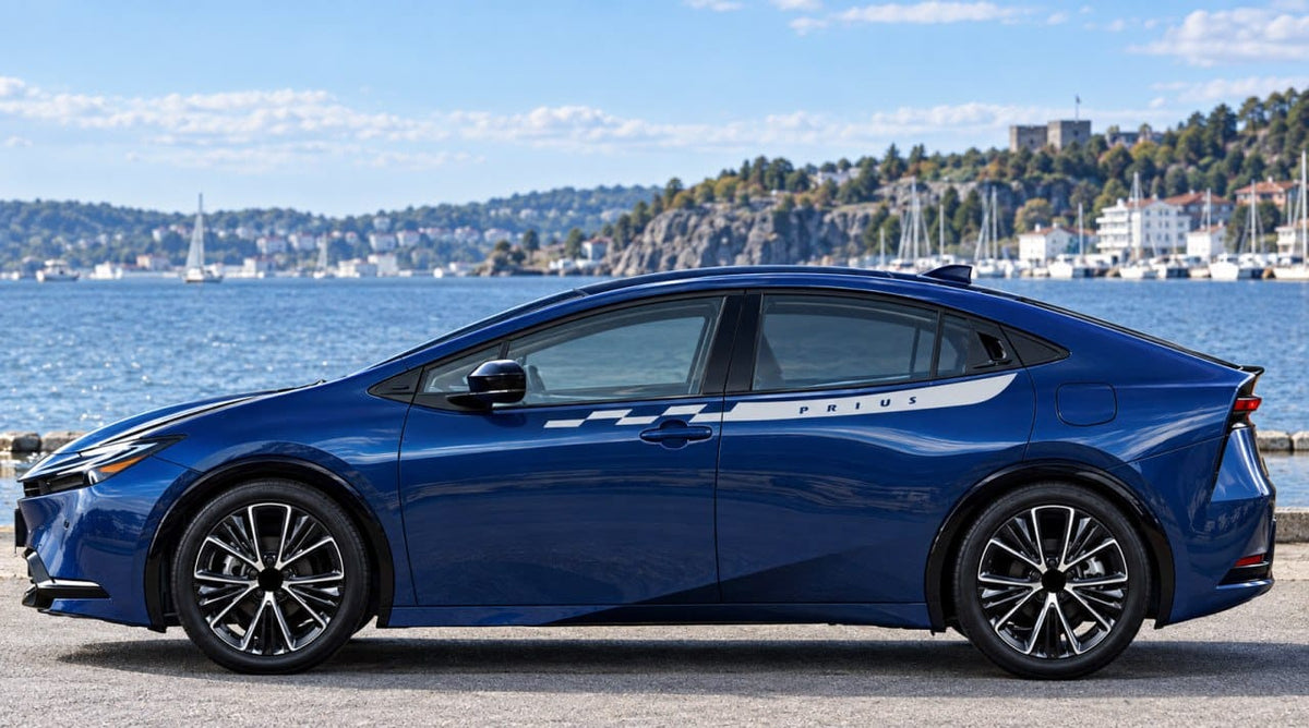 A blue Toyota Priad sedan shown in a side profile view, parked outdoors near a waterfront with a scenic coastal town and mountains in the background.