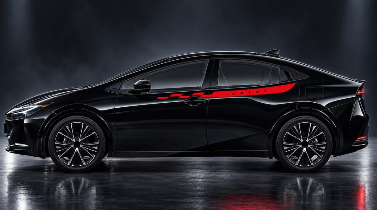 A black Toyota Prius V sedan shown in a side profile view on a dark, reflective studio floor with dramatic spotlighting. The car features a distinctive red stripe running along the side window area.