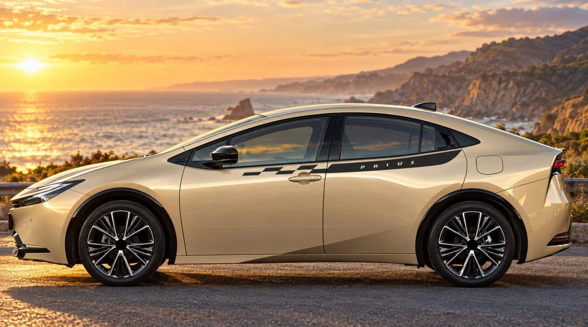 A beige Toyota Prius Prime electric crossover car shown in a side profile view, parked on a coastal road during a golden sunset over the ocean.