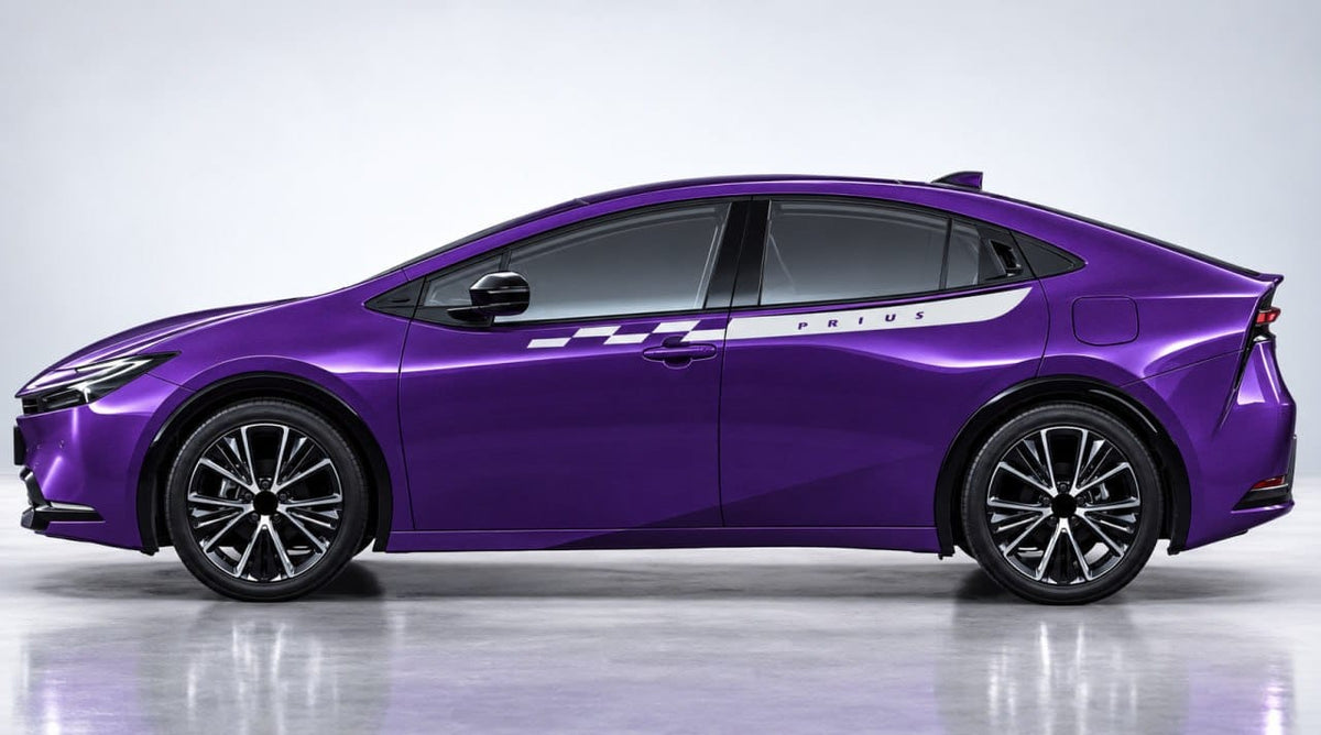 A metallic purple sedan shown in a clean side profile on a light gray studio background. The car has dark tinted windows, black multi-spoke wheels, and a white graphic stripe running along the side with the word 'PRIME' visible near the rear door.