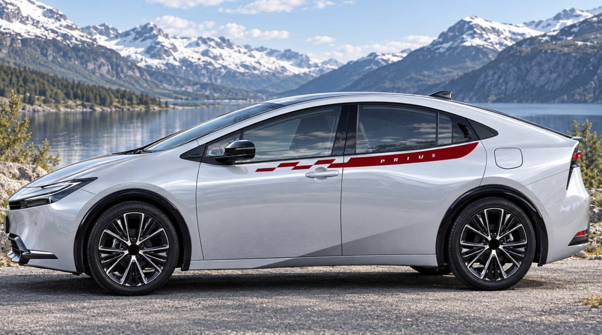 A silver Toyota Prius sedan with a red graphic stripe on the side, parked outdoors on a gravel surface with a lake and snow-capped mountains in the background.