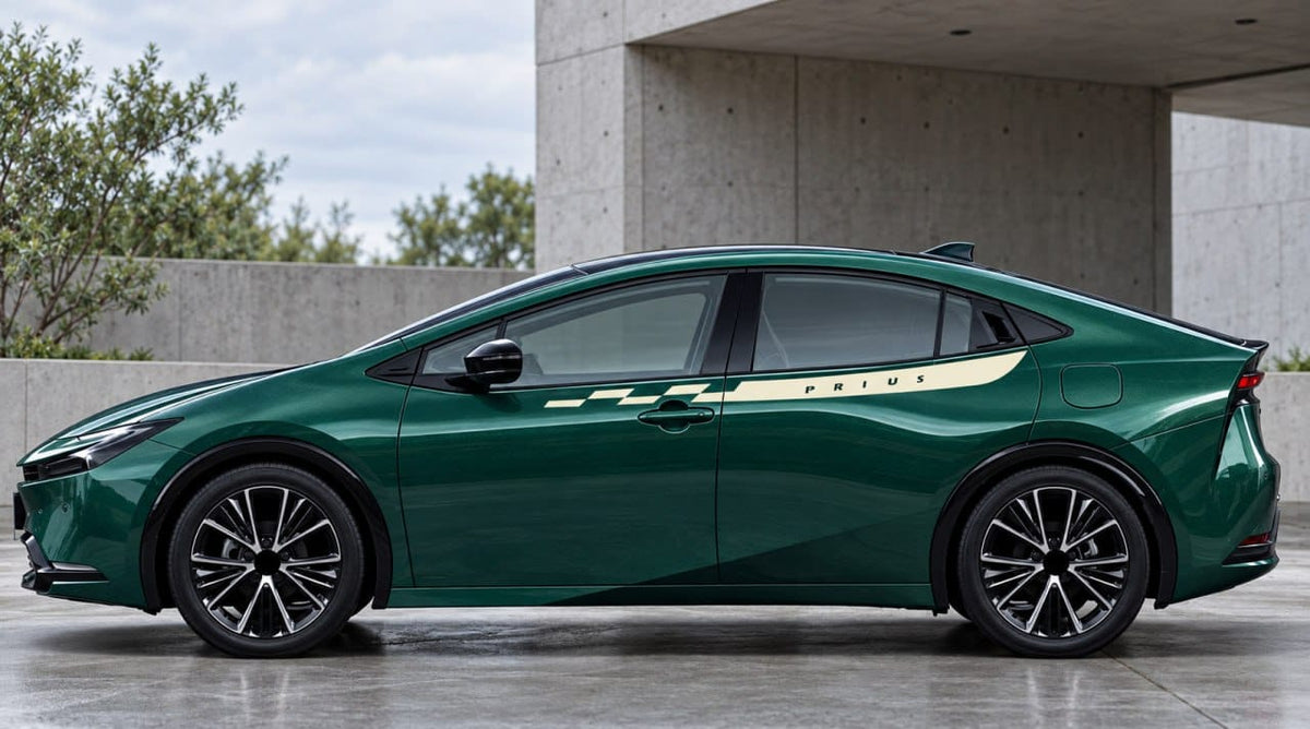 A dark green Toyota Prius sedan shown in a side profile view, parked under a concrete structure with trees in the background.