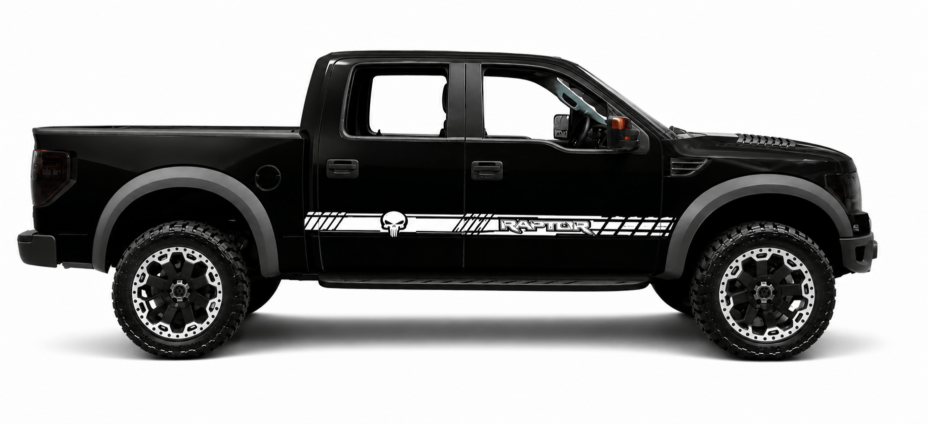 Black pickup truck with white graphics on a white background