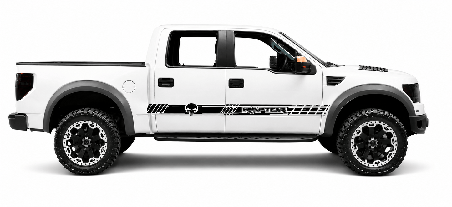White pickup truck with black decals on a white background