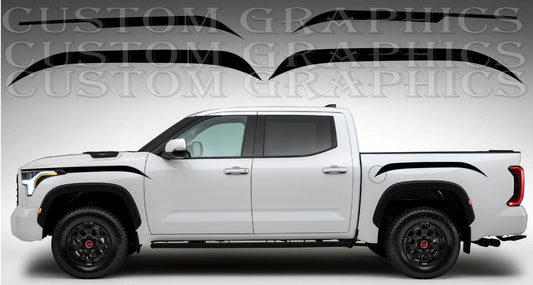 A white Toyota Tundra pickup truck with black vinyl stripes on the lower part of the front doors and bed, and black alloy wheels.