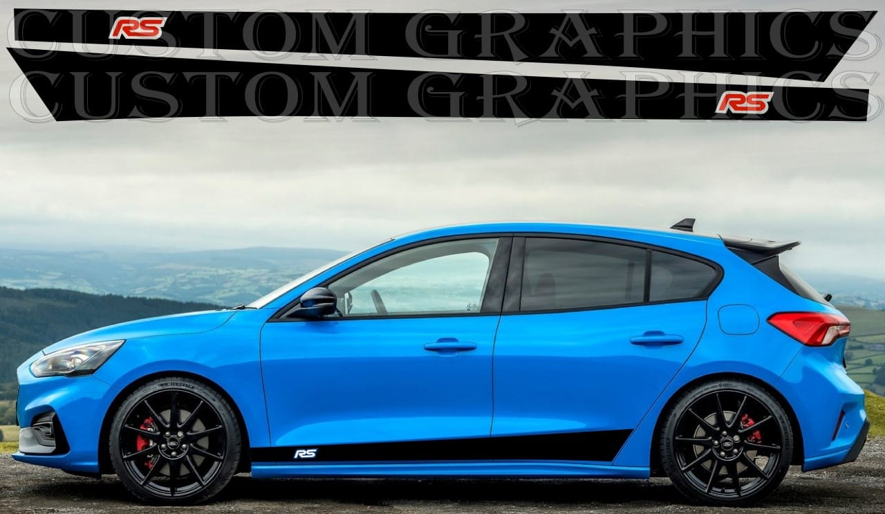 The image shows a blue Ford Focus RS hatchback with custom vinyl decal graphics on the sides, featuring black and red stripes, alongside a graphic of 'Custom Graphics' from RS Design.