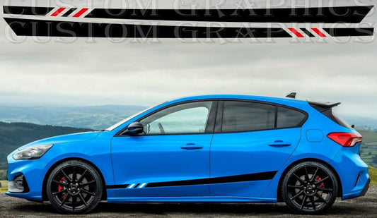 The image shows a blue Ford Focus hatchback with a customizable vinyl decal design featuring black stripes on the side.