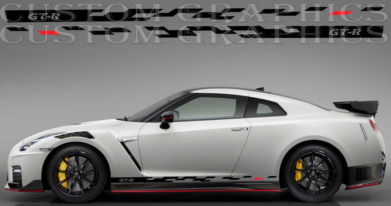 A white Nissan GT-R sports car with a custom hood decal designed by Brothers Graphics.