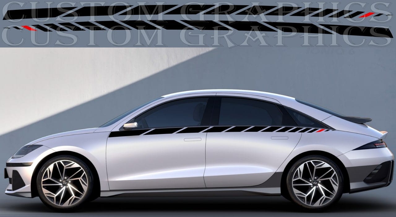 Side view of a silver Hyundai Ioniq 6 with custom black and red stripes on the body.
