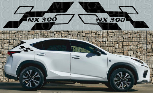 A white Lexus NX 300 vehicle with a set of die-cut graphic stickers on the front and rear sides, displaying a design compatible with Lexus NX models.