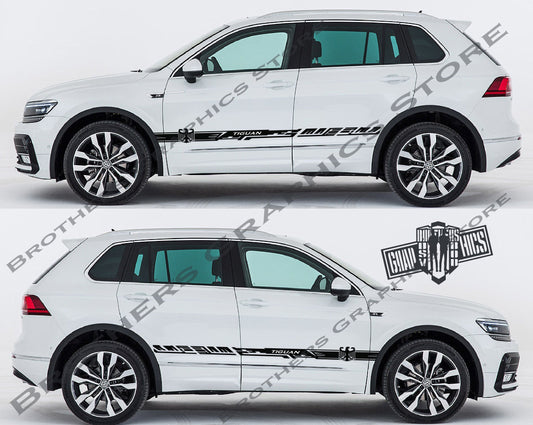 A set of vinyl decals for VW Tiguan, showing the front and rear of the car with the decals applied. The decals have a white background with black and gray detailing.