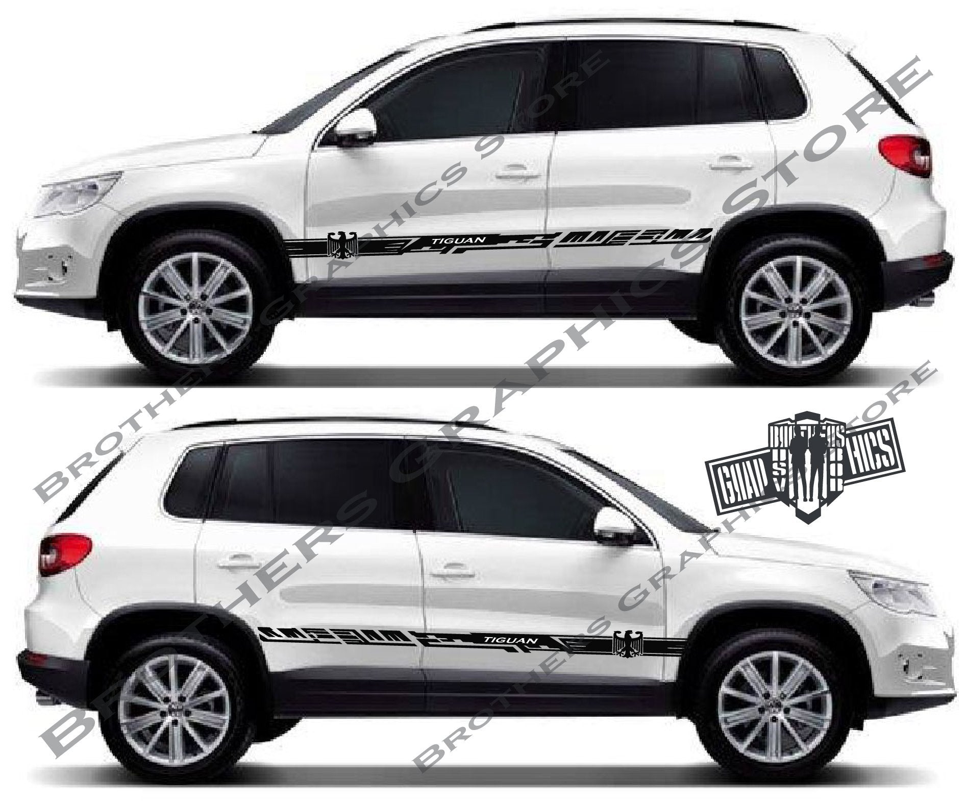 A set of vinyl decals for VW Tiguan, showing the front and rear of the car with the decals applied. The decals have a white background with black and gray detailing.