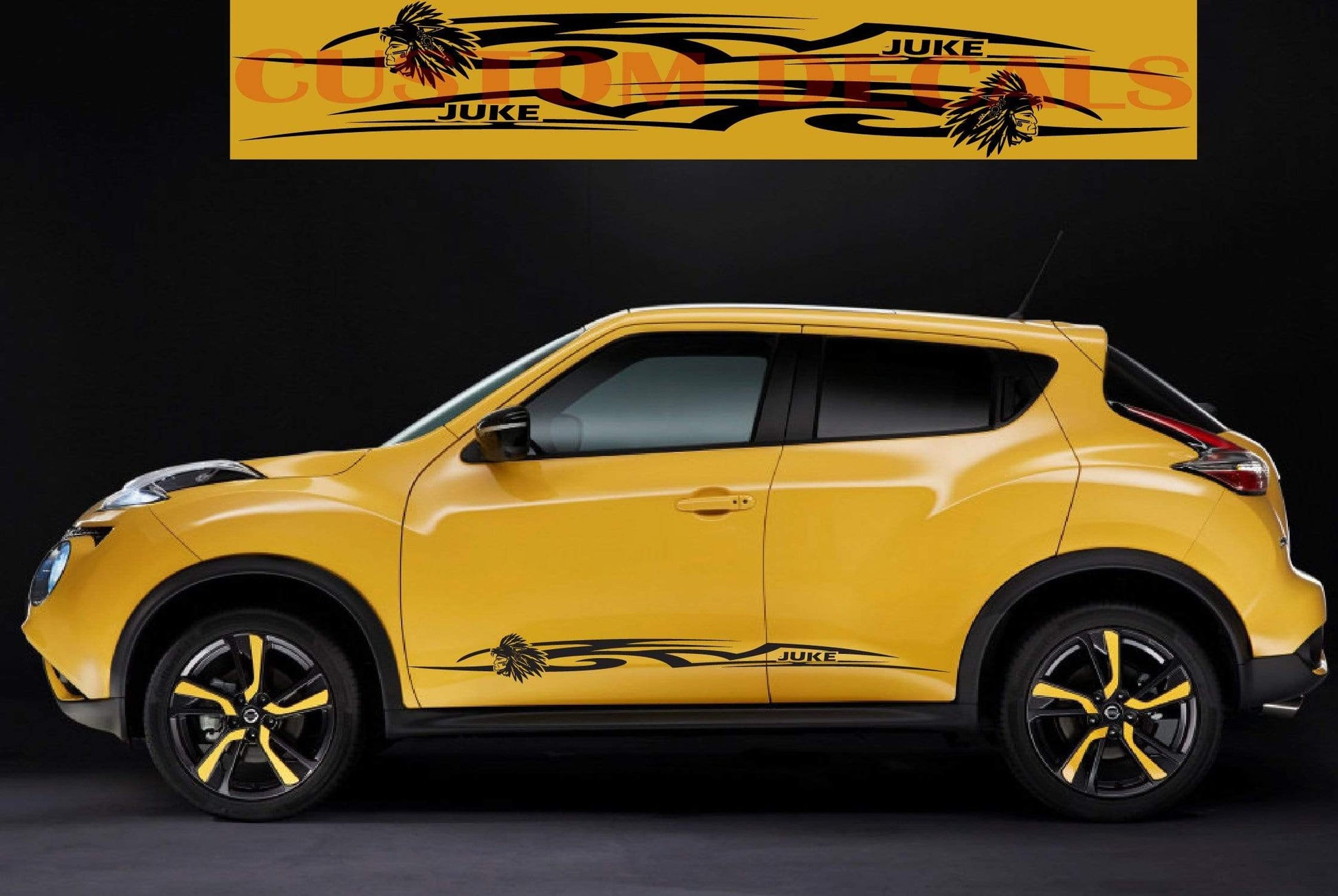 A yellow Nissan Juke car with premium vinyl stickers featuring a geometric design, displayed against a dark background with a 'Comments' sign in the background.